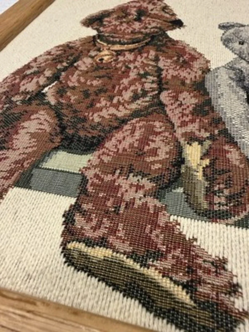 Vintage 90s Dakotah Woven Tapestry Textile Teddy Bears Handmade Oak Frame 36x16